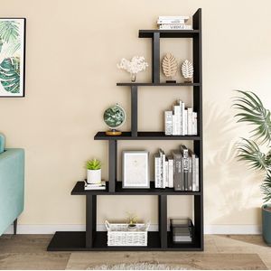 Boekenplank met 5 planken, L-vorm vrijstaande ladderhoek boekenkast, moderne minimalistische stijl, multifunctioneel opbergrek voor woonkamer, slaapkamer, hal, kantoor, zwart