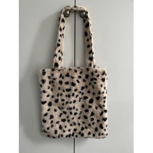 Dames tas - Luxe Fake Fur Beige met Zwart schoudertas - luipaart print - stippen -bag - cadeau moederdag - kerst kadotip