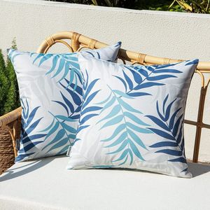 Set van 2 waterdichte kussenslopen voor buiten, waterdichte kussenhoes, decoratieve hoes, bankkussen voor tuin, balkon, woonkamer, 40 x 40 cm (blauwe bladeren)