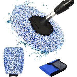 Autoborstelhoes, microvezel stofdoek met reiniging, droogdoek, borstelhoes voor autowas, washandschoen voor de zachte autowas, autoverzorging, blauw