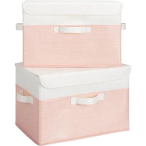 Opbergdoos stof met deksel, 2 stuks opbergdozen met deksel, opvouwbare opbergdozen, opbergmanden voor kleding, wit-roze vouwdozen met deksel voor kledingkast