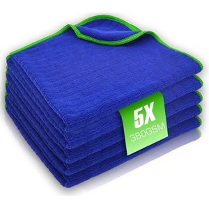 Premium microvezel poetsdoekset, 380 g/m², 5 x absorberende microvezeldoeken voor lakvriendelijke autoverzorging, universele premium doek voor polijsten en onderhoud, 40 x 40 cm