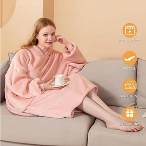 Oversized hoodie-deken met capuchon, draagbare deken om aan te trekken, cadeau voor vrouwen, vriendin, super warme fleece, knuffeldeken, knuffeldeken met mouwen, roze