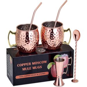 Moscow Mule Moscow Mule Moscow Mule set met 2 koperen bekers, cocktailbeker, maatbeker, roerlepel en rietborstel, gehamerde gin mok met rietjes, kopje, kerstcadeau