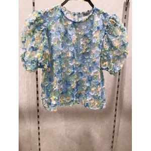 Kleurrijk topje met bloemen motief - blauw - maat S/M