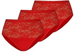 Teyli Damesslip tailleslip katoen hoge taille met kant 3-pack, rood, S