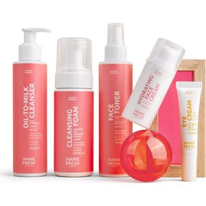 Marie Fresh Cosmetics Startersset Normale & Droge Huid Gelaatsverzorging - Natuurlijke set voor huidverzorging - Huidverzorgingsset 5 producten - Oil cleanser Toner gezicht Reinigingsmousse Hydraterende gezichtscrème Oogcremes