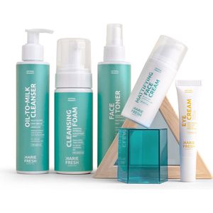 Marie Fresh Cosmetics Startersset Gecombineerde & Vette Huid Gelaatsverzorging - Natuurlijke set voor huidverzorging - Huidverzorgingsset 5 producten - Oil cleanser Toner gezicht Reinigingsmousse Hydraterende gezichtscrème Oogcremes