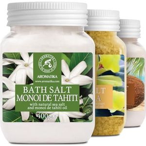 Zeebadzoutset 3 x 400 g - Monoi de Tahiti - vanille - kokos - badzout met etherische oliën - aromatherapie badkuip - lichaamsverzorging voor een goede nachtrust - goed humeur badgeur - badadditief 1,2