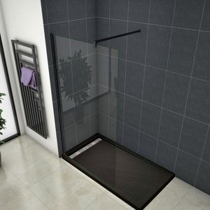 vrijstaande inloopdouche,40x200cm, zwart omlijst, 8mm transparant gehard veiligheidsglas nanometer, 90cm stabilisator