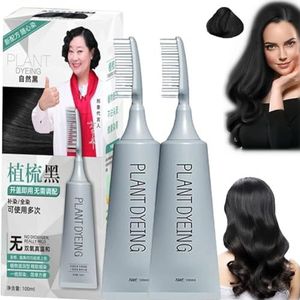 Plantaardige Kam Haarverf, Plantenextract Haarverf Essentie, Verfcrème Met Kam 100% Grijsdekking Haar, Kleur Zwart Haarverf Voor Mannen Vrouwen (Zwart-2 flessen)