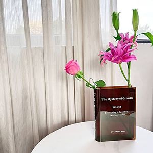 Puransen Acryl bloemenvaas voor esthetische kamerdecoratie - boekstijl voor moderne tafel, woondecoratie voor kantoor, slaapkamer, woonkamer (bruin transparant)