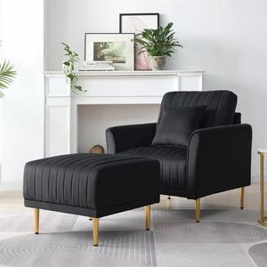TiLeze Zwarte fluwelen fauteuil met Ottomaanse enkele sofa stoel en Ottomaanse set, comfortabele leesstoel vrije tijd lounge stoel compatibel met woonkamer, slaapkamer, huis en kantoor