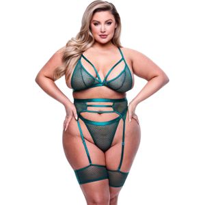 3PC STRAPPY BR - GARTER & PANTY SET GREE - QUEEN