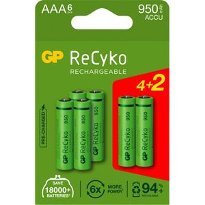 Oplaadbare AAA-batterijen, 6 stuks, GP Recyko, oplaadbare AAA LR3-batterijen, 950 mAh, NiMH, voorgeladen en hoge capaciteit, voor dagelijks gebruik in al je apparaten