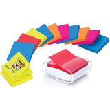 Super Sticky Z-Notes dispenser PRO wit + 12 blokken Post-it Super Sticky Z-Notes Bangkok en Bora Bora kleuren, 76 x 76 mm