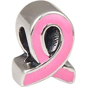 Lint Charm Met Roze Emaille 925 Sterling Zilver Borstkanker Bewustzijn Charm voor Pandora Charms Armband, Sterling zilver, Geen steen