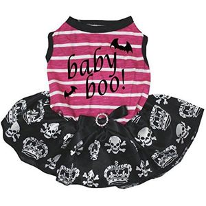 Petitebelle Puppy Kleding Hond Jurk Baby Boo Roze Wit Gestreepte Top Schedel Tutu, Medium, Pink, White