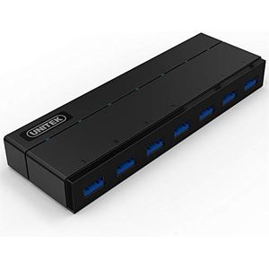 UNITEK Hub 7 Port USB 3.0 actief met voeding, data hub multiport distributeur voor PC, laptop, toetsenbord, muis, printer, iOS (Mac) + Windows compatibiliteit, Plug&Play, Zwart, Y-3184