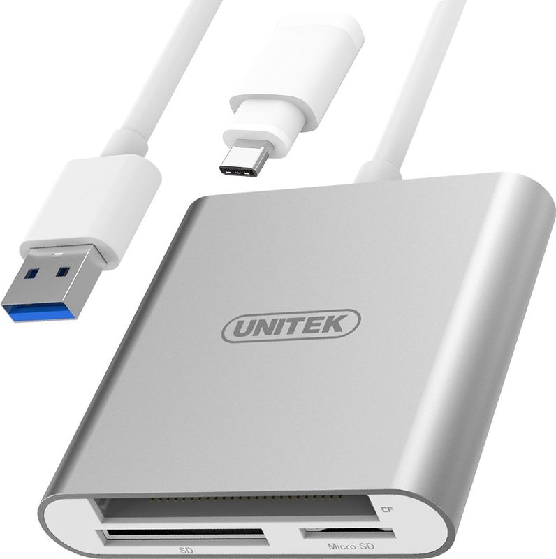 Unitek - Y-9313D - Geheugenkaartlezer - Zilver - USB 3.0 - USB-C