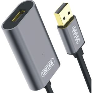 UNITEK USB 2.0 verlengkabel 5m met signaalversterker | USB A-stekker naar USB A-aansluiting | USB-repeater | dubbel afgeschermd I LED | extra stroomvoorziening mogelijk | aluminium