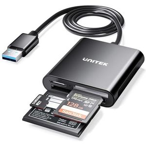 Unitek USB-kaartlezer 3-sleuven USB 3.0 Compact Flash-kaartlezer, leest 3 kaarten tegelijk, aluminium geheugenkaartadapter CF, TF, SDXC, SDHC, SD, Micro SDXC, Micro SD, Micro SDHC-120cm