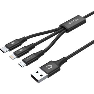 Unitek Premium Multi 3-in-1 USB-oplaadkabel, universeel, meervoudige oplaadkabel, micro-USB/type C/Lightning 3A, 1,2 m, voor iPhone/Android smartphone, zwart.
