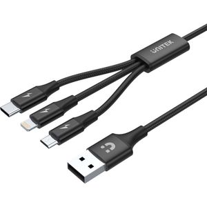 Unitek Premium Multi 3 in 1 USB-oplaadkabel universele meervoudige lader kabel Micro USB/type C/Lightning 3A 1,2 m voor iPhone/Android Smartphone - zwart.