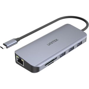 UNITEK Hub USB-C met 3* USB-A 3.1-poort, 4K HDMI, FullHD VGA, RJ45 Gigabit Ethernet poort en SD en microSD-kaartlezer, Power Delivery 100 W, plug & play/aluminium