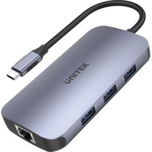 uHUB Unitek D1071A N9+ 9-in-1 USB-C Ethernet Hub met HDMI, 100W Power Delivery en Card Reader/Aluminium/Nylon Kabel/USB-A, USB-C (voeding), HDMI 2.0, Card Reader, aansluiting RJ -45