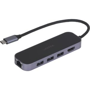 UNITEK Aluminium USB A 3.1 Gen1 Hub 5 Gbps Power Delivery 100 W met 15 cm kabel USB-C stekker 6 poorten 3X USB-A 1x HDMI 1x USB-C en 1 x 1.4 Gigabit Ethernet RJ45 Plug and Play