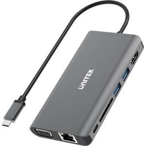 Unitek - D1019B - USB-C Hub - Grijs - 8 Poorten - 100W