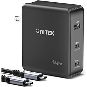 Unitek GaN 3-poorts 140W oplader | P1115A | 2 x USB-C 140 W | 1 x USB-A 18 W | MacBook Compatibiliteit | Power Delivery 3.1 | Quick Charge 3.0-18 W | Kleur: zwart