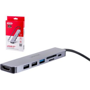 Unitek HUB USB-C 7IN1, HDMI 4K, PD ,, ALU (USB C), Docking station + USB-hub, Grijs