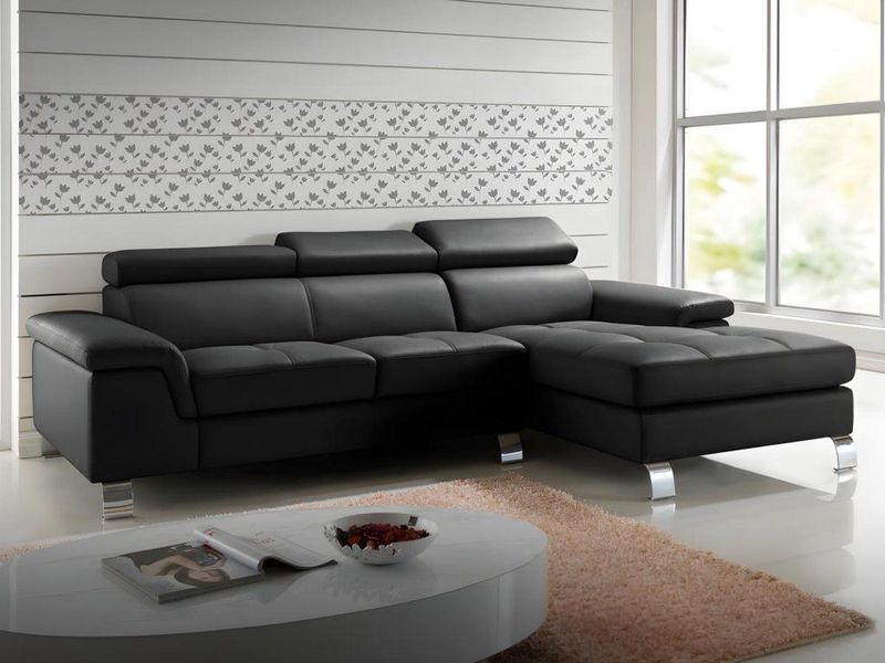 Vente-unique Hoekbank van leer MISHIMA - zwart - hoek rechts L 260 cm x H 79 cm x D 167 cm