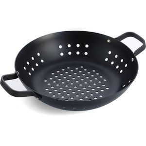 BBQ-wokpan 30 cm, geperforeerd voor olie- en vetafvoer, barbecue, camping, barbecue, outdoor koken, zwart