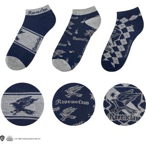 Cinereplicas - Harry Potter - Ravenclaw Enkelsokken - Set van 3 - Blauw/Grijs - 98% Polyester, 2% Elastaan