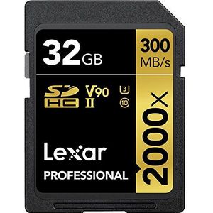 Lexar Professional 2000x SD Kaart 32GB, SDHC UHS-II Geheugenkaart zonder lezer, tot 300 MB/s Lezen, voor DSLR, videocamera's in bioscoopkwaliteit (LSD2000032G-BNNAG)
