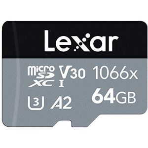 Lexar Professionele microSDXC UHS-I 1066x 64 GB kaart met SD-adapter Silver Serie tot 160 MB/s lezen, voor actiecamera's, drones, smartphones en tablets van topklasse (LMS1066064G-BNAAG)