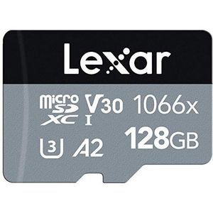 Lexar LMS1066128G-BNAAG Professional 1066x Micro SD-kaart 128 GB, microSDXC UHS-I geheugenkaart uit de serie zilver, inclusief SD-adapter, tot 160 MB/s lezen, voor actiecamera, drone