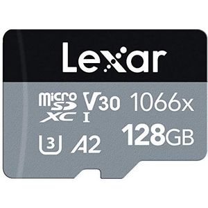 Lexar Professionele micro-SD-kaart 1066 x 128 GB, microSDXC UHS-I-kaart met SD-adapter Silver Series, tot 160 MB/s leessnelheid, voor actiecamera's, drones, smartphones en tablets