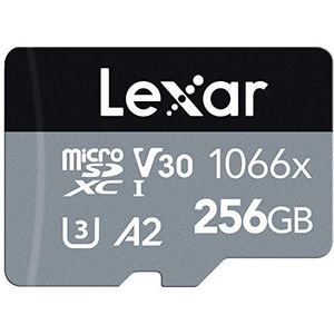 Lexar Professional 1066x Micro SD-kaart 256 GB, microSDXC UHS-I geheugenkaart uit de serie zilver, inclusief SD-adapter, tot 160 MB/s lezen, voor actiecamera, drone (LMS1066256G-BNAAG)