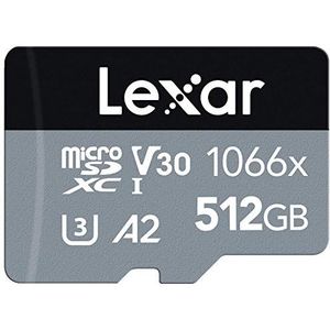 Lexar Professional 1066x 512GB Micro SD Kaart, microSDXC UHS-I Geheugenkaart met SD-adapter uit de SILVER-serie, tot 160 MB/s Lezen, voor action camera, drone, smartphone, tablet (LMS1066512G-BNAAG)