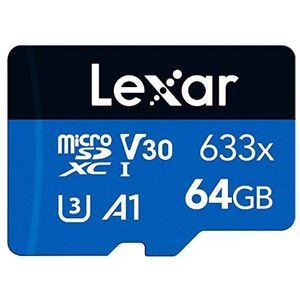Lexar 633x 64GB Micro SD Kaart, microSDXC UHS-I Geheugenkaart, Zonder SD-adapter, microSD Kaart Tot 100 MB/s Lezen, A1, C10, U3, V30, TF kaart voor Smartphone/Tablet/Camera (LMS0633064G-BNNAA)