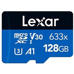 Lexar 633 x 128 GB micro-SD-kaart, microSDXC UHS-I-kaart + SD-adapter, tot 100 MB/s lezen, A1, C10, U3, V30, TF-kaart voor smartphone/tablet/bewakingscamera (LMS0633128G-BNAAA)