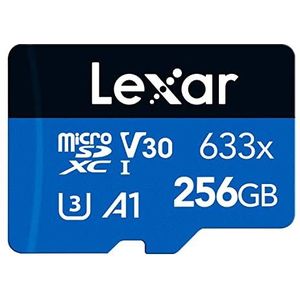 Lexar 633 x 256 GB micro-SD-kaart, microSDXC UHS-I-kaart + SD-adapter, tot 100 MB/s lezen, A1, C10, U3, V30, TF-kaart voor smartphone/tablet/bewakingscamera (LMS0633256G-BNAAA)