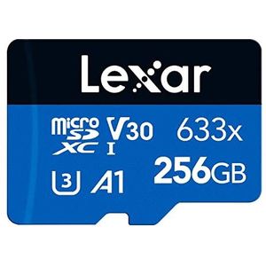 Lexar 633x 256GB Micro SD Kaart, microSDXC UHS-I Geheugenkaart, Met SD-adapter, microSD Kaart Tot 100 MB/s Lezen, A1, C10, U3, V30, TF kaart voor Smartphone/Tablet/Camera (LMS0633256G-BNAAA)