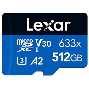 Lexar 633x 512GB Micro SD Kaart, microSDXC UHS-I Geheugenkaart, Met SD-adapter, microSD Kaart Tot 100 MB/s Lezen, A2, C10, U3, V30, TF kaart voor Smartphone/Tablet/Camera (LMS0633512G-BNAAA)