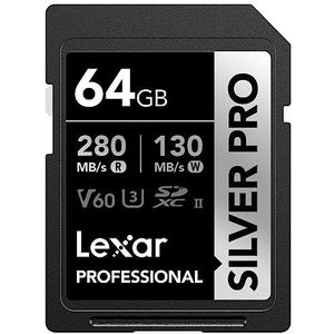Lexar Silver Pro SD-kaart, 64 GB, SDXC UHS-II, V60, U3, C10, tot 280 MB/s lezen, voor professionele fotograaf, videograaf, liefhebber (LSDSIPR064G-BNNAA)