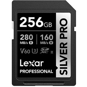 Lexar Silver Pro SD-kaart 256 GB, UHS-II-geheugenkaart, V60, U3, C10, SDXC-kaart, tot 280 MB/s lezen, voor professionele fotograaf, videograaf, liefhebber (LSDSIPR256G-BNNAA)